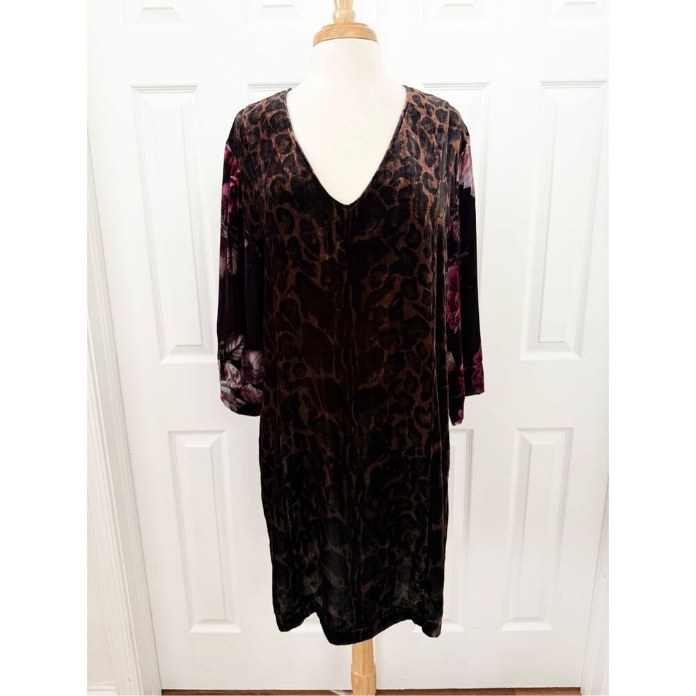 Johnny Was Womens Velvet Leopard Floral Kimono Sleeve Tunic Dress Small